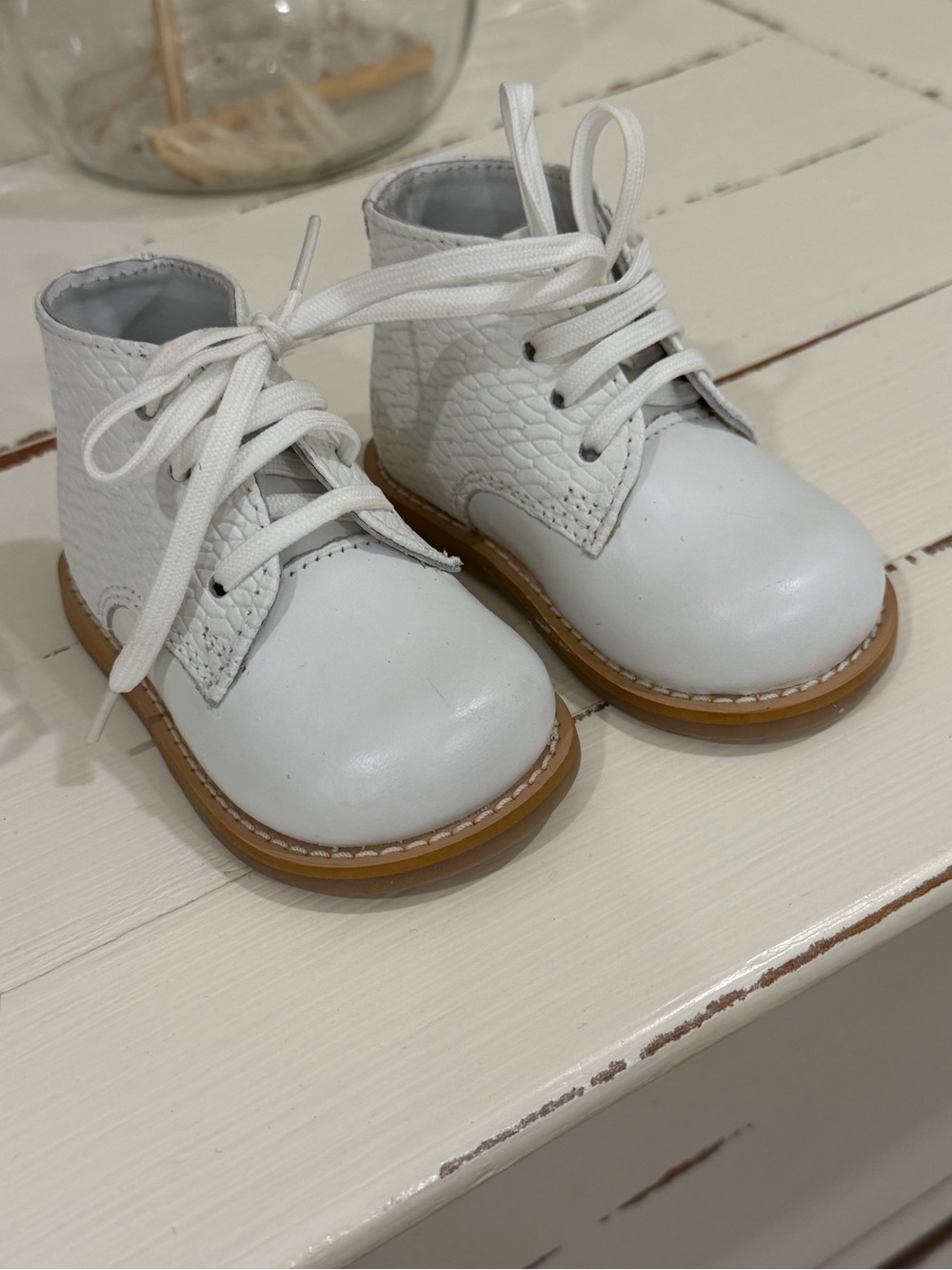 Josmo White Leather Lace-Up Baby Boots with Tan Soles